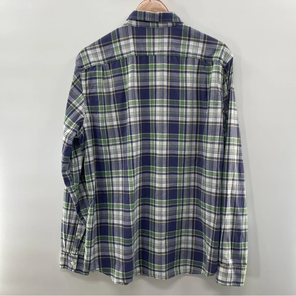 J. Crew Indian Madras Normcore Blue Green Plaid Button Up Grandpa Shirt Large